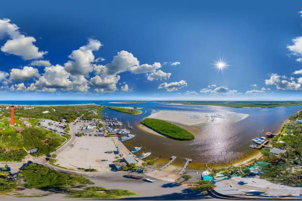 An aerial view of the inland waterway near Ponce Inlet Lighthouse and Ponce de Leon Inlet