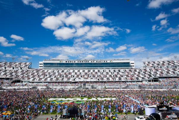 The crowd gathers in the infield of Daytona International Speedway