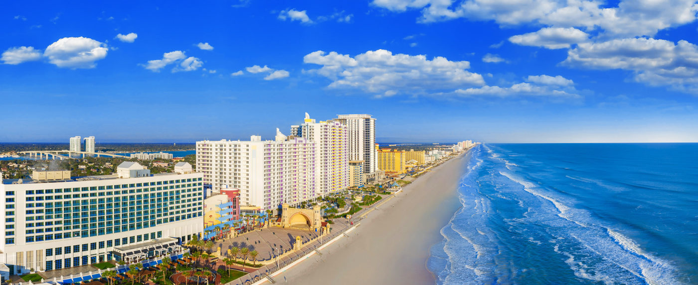 Aerial view of Daytona Beach's famous wide, flat sandy shoreline