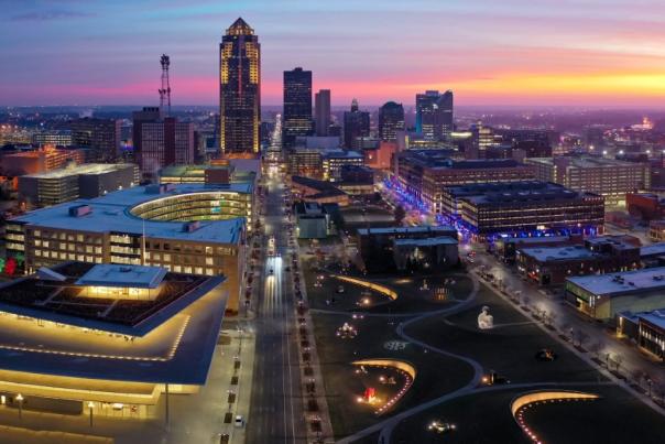 Aerial view of the skyline night and downtown Des Moines
