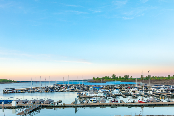 Overlook of Saylorville Lake and boats docked at the harbor