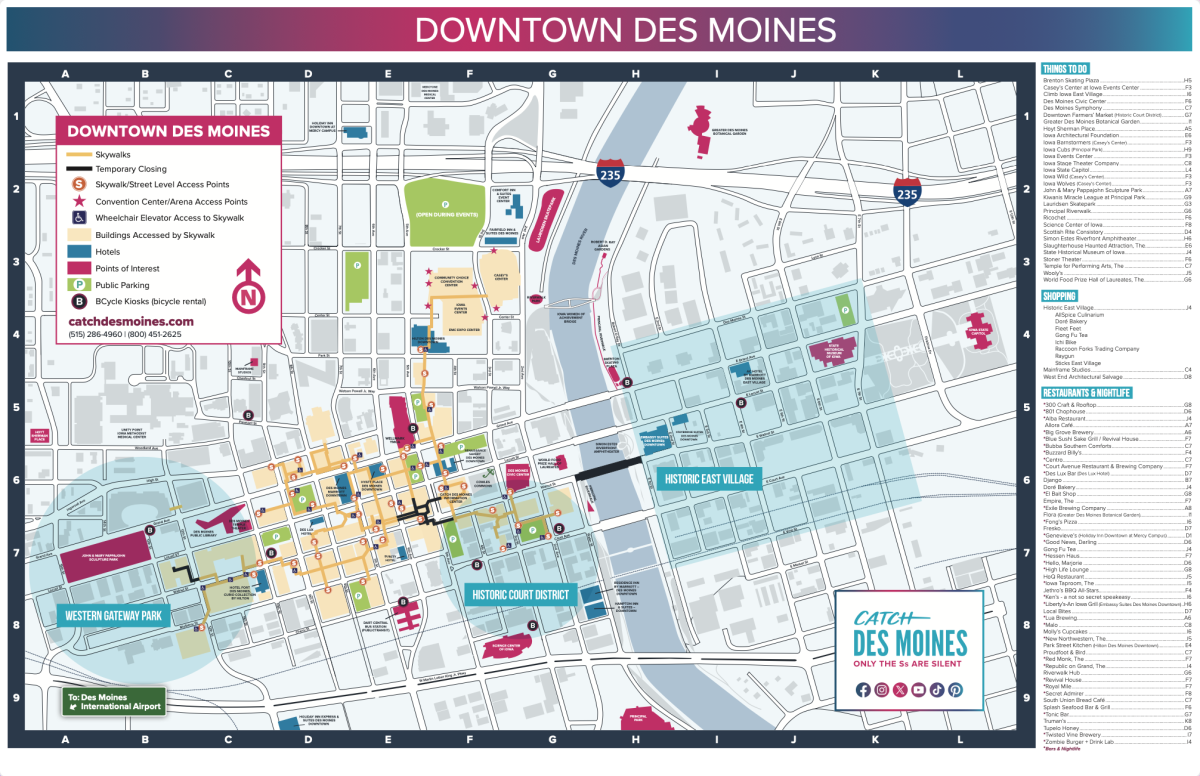 Downtown Des Moines map of skywalks, hotels, parking & attractions