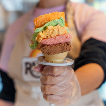 Chocolate, a cone with Strawberry, Palmer House, Pistachio, and Orange Sherbet