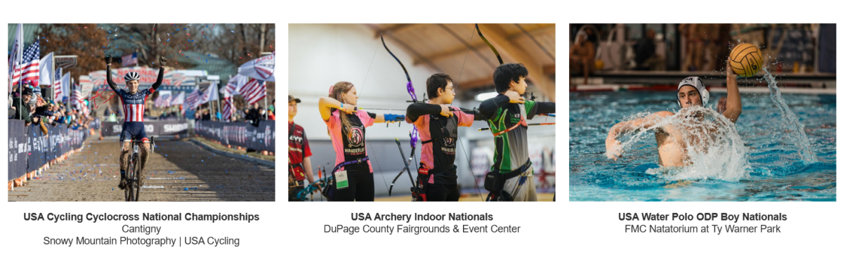 Collage image showcasing Cyclocross race, archery nationals and water polo