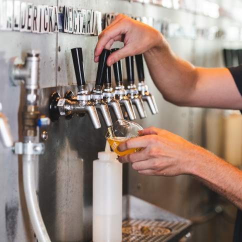 Beer being poured from a row of stainless steel taps into a clear glass at a brewery in Frederick County, Maryland, with multiple tap handles lined up along a metal wall and foam forming in the glass.