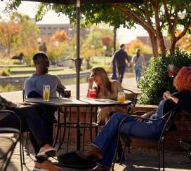 Group sitting at Idiom Brewery patio