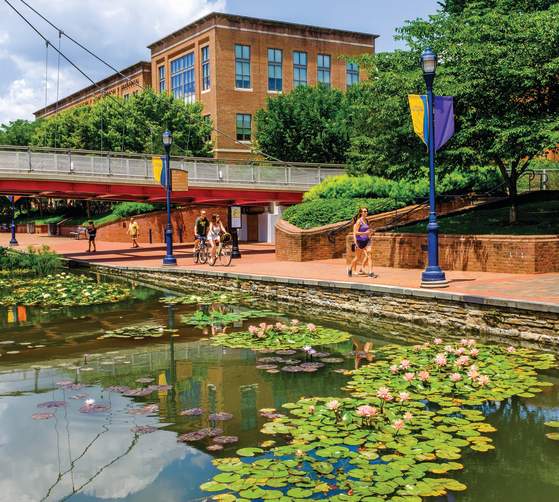 People jogging and riding bikes along Carroll Creek