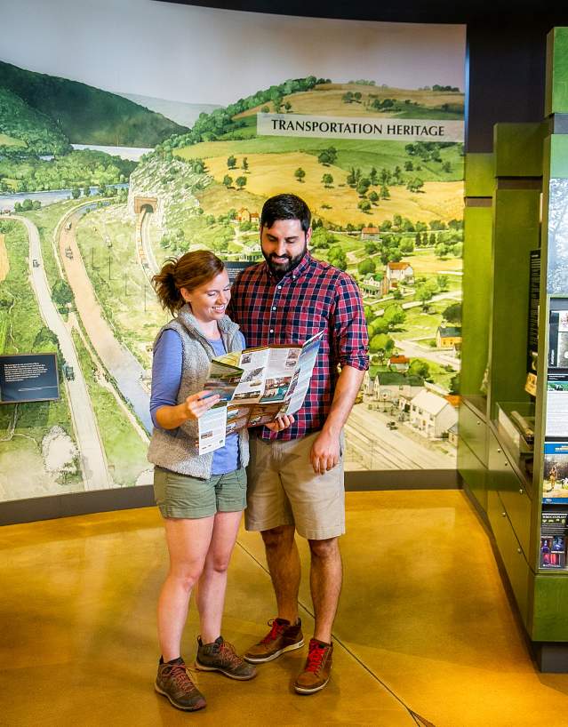 Hikers looking at a map in the Frederick Visitor Center
