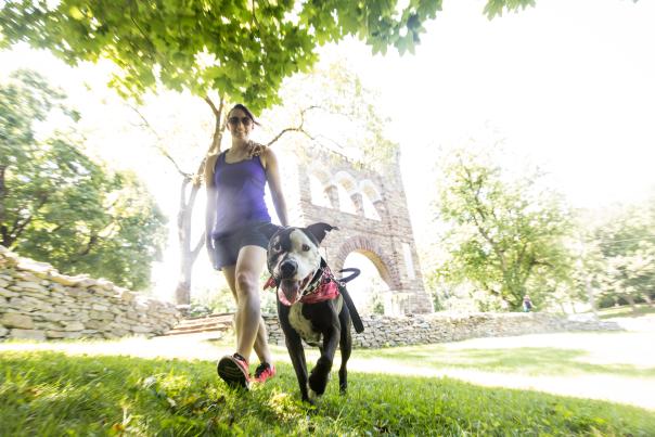 A woman and her dog hiking along the Appalachian Trail passing the War Correspondents Memorial Arch