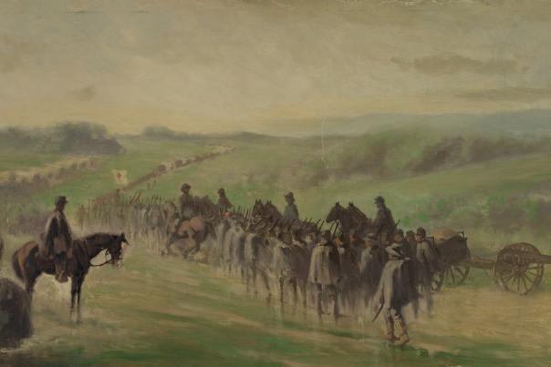Union soldiers marching through Emmitsburg after the Battle of Gettysburg