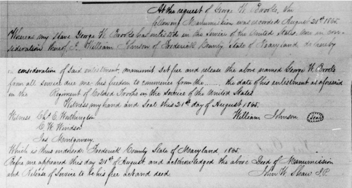 George W. Brooks manumission document filed by his enslaver William Johnson 15 months after Brooks’ death. (Frederick Co. Deed Book JWLC 3, page 45)