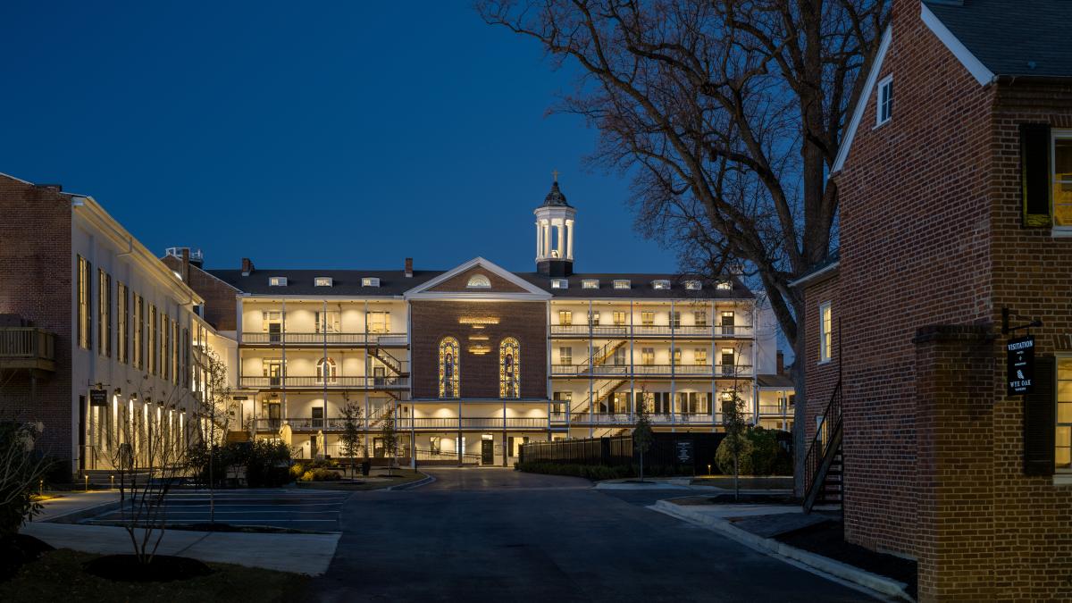 Visitation Hotel at night in Downtown Frederick
