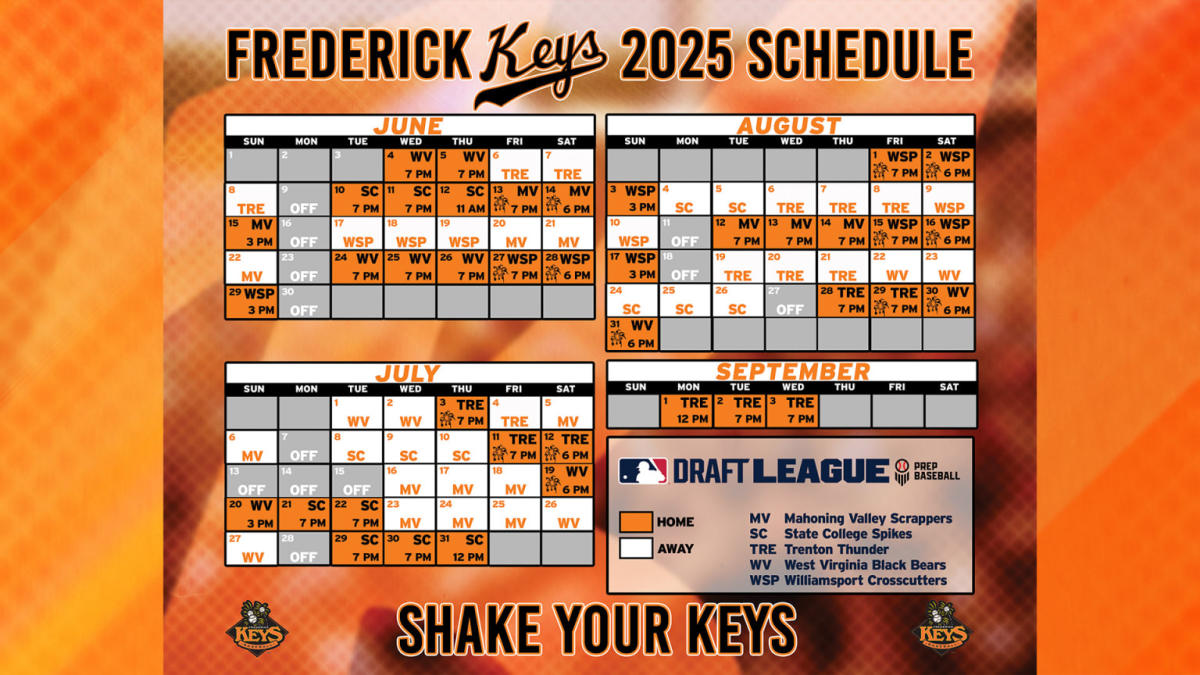 Schedule for the 2025 season for the MLB Draft League Frederick Keys baseball team