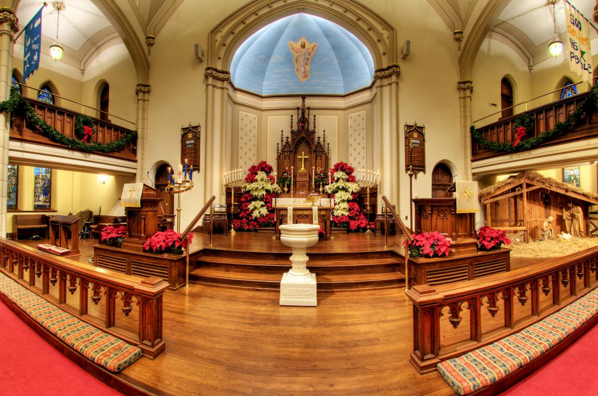 Inside of a church decorated for Christmas during the Historic Houses of Worship