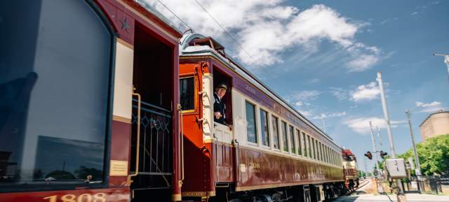 Grapevine Vintage Railroad arriving at Historic Stockyards Station