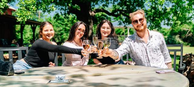 A group of people clinking their glasses while drinking wine at a winery tasting room in Grapevine, Texas