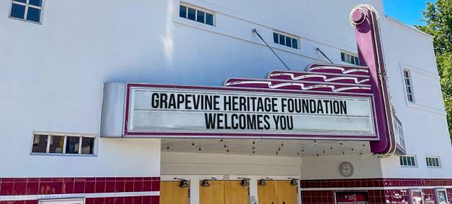 Palace Theatre marquee in Grapevine, Texas featuring the Grapevine Heritage Foundation