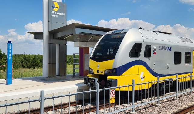 DART Silver Line stopping at DFW Airport North stop in Grapevine, Texas