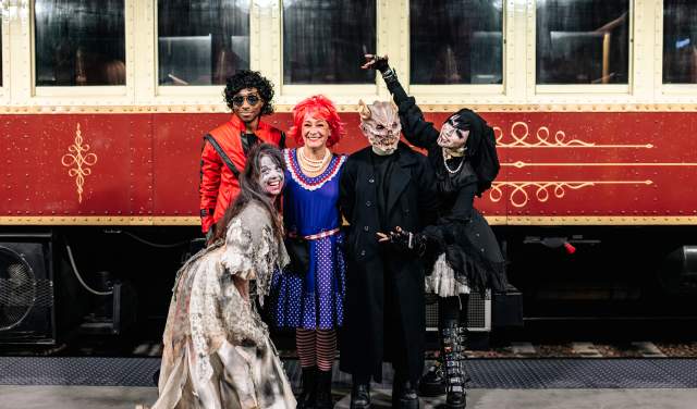 People on the Witches' Brew Halloween Train for Grapevine Vintage Railroad in Grapevine, Texas