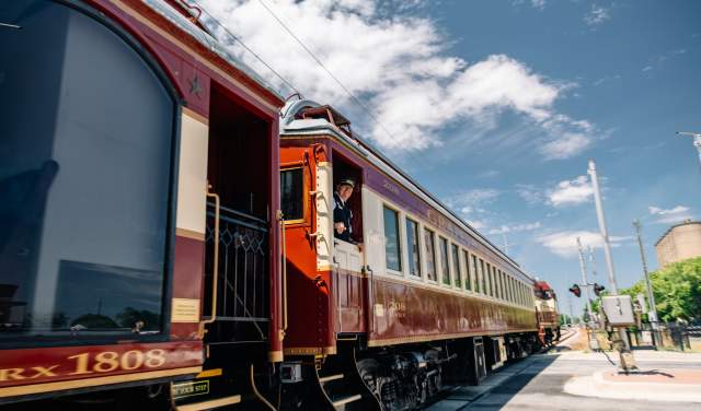 Grapevine Vintage Railroad arriving at Historic Stockyards Station