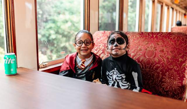 Kids dressed up in their Halloween costumes on a Grapevine Vintage Railroad train