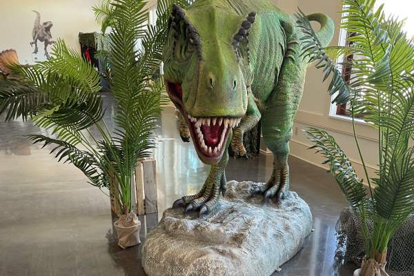Dinosaur statue during All Tracks Lead to Grapevine exhibit in Grapevine, Texas