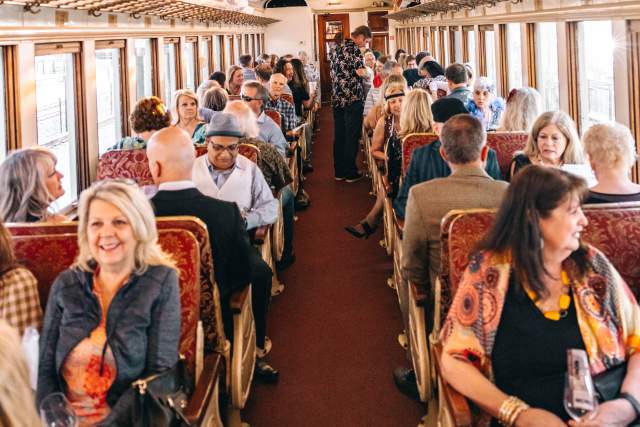 A group riding the Grapevine Vintage Railroad in Grapevine, Texas