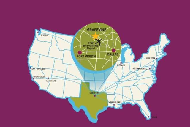 Map that shows central location of Grapevine, Texas