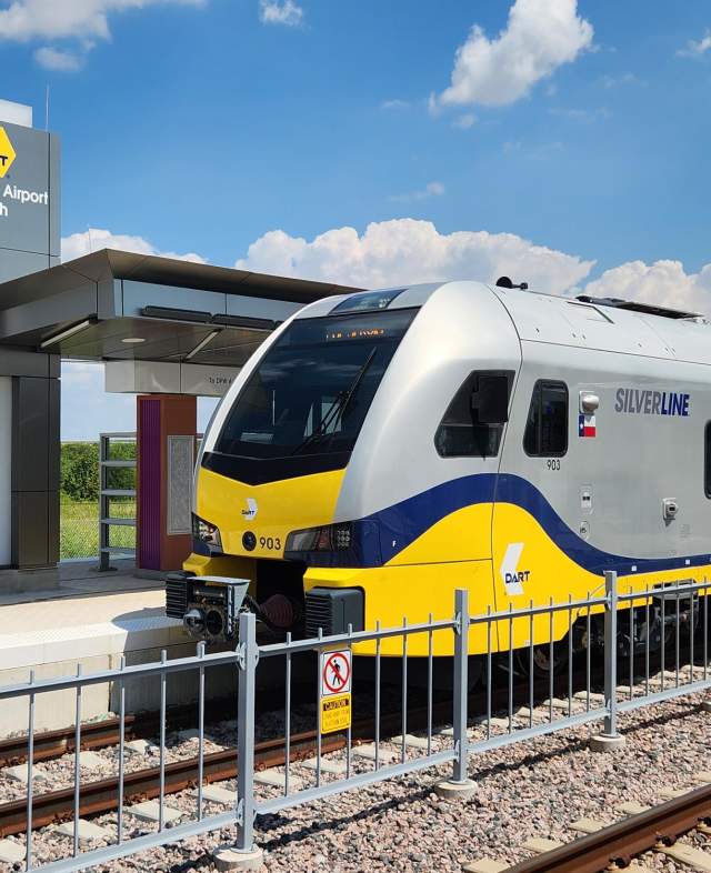 DART Silver Line stopping at DFW Airport North stop in Grapevine, Texas