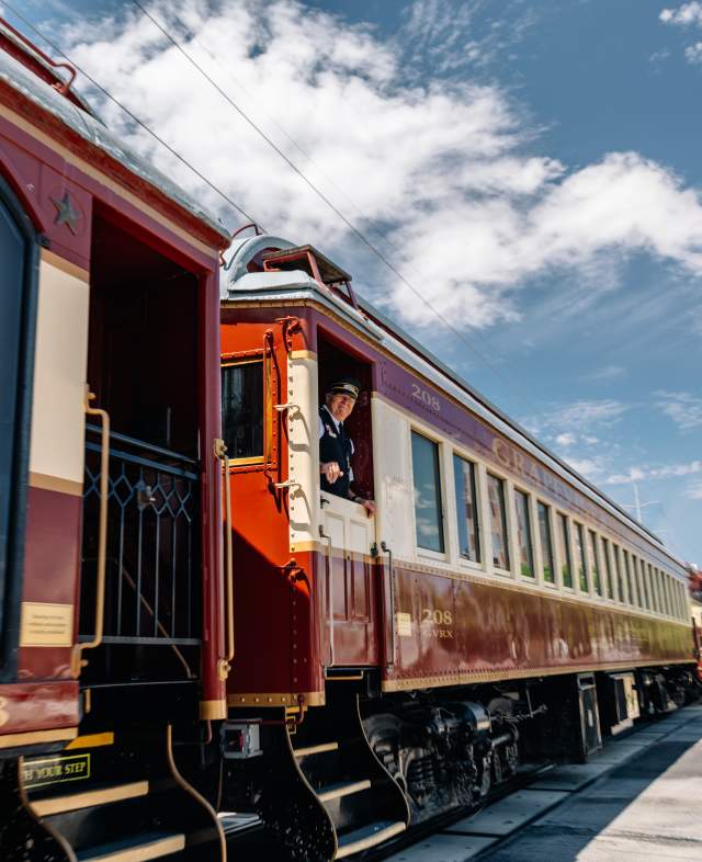 Grapevine Vintage Railroad arriving at Historic Stockyards Station