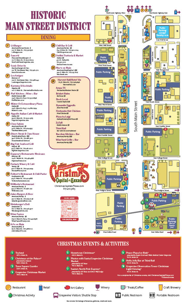 Map of businesses along Grapevine's Historic Main Street during Christmas Capital of Texas 2025