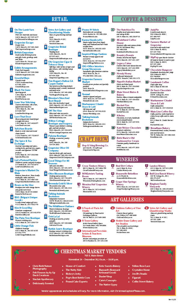 List of businesses along Grapevine's Historic Main Street during Christmas Capital of Texas 2025