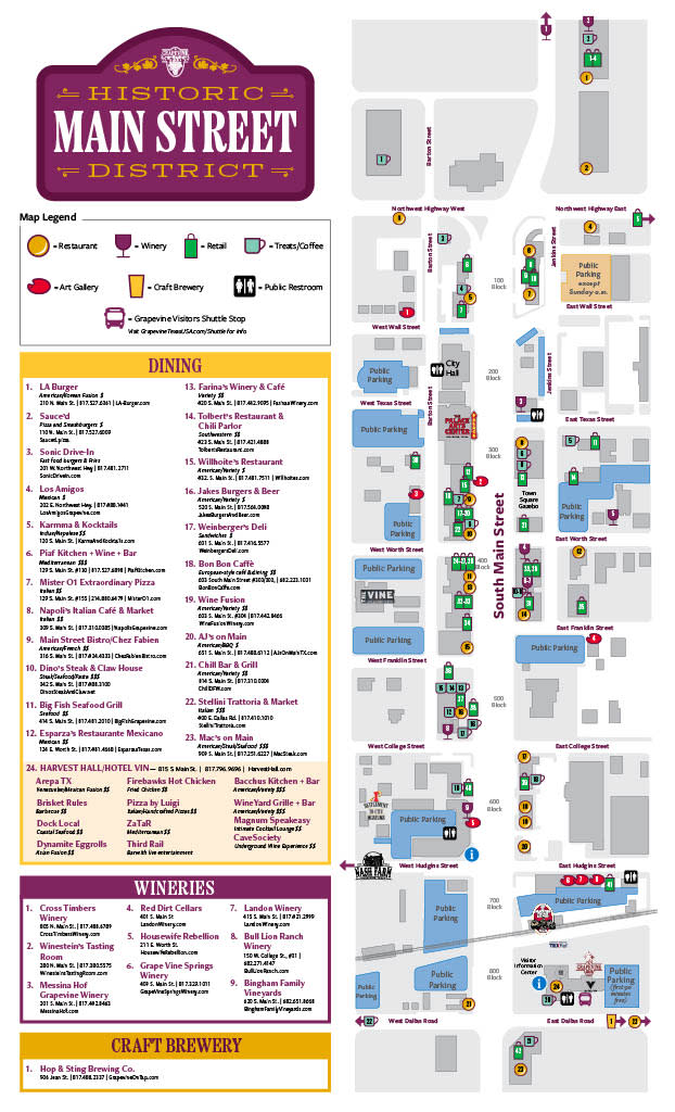 Map of businesses along Grapevine's Historic Main Street