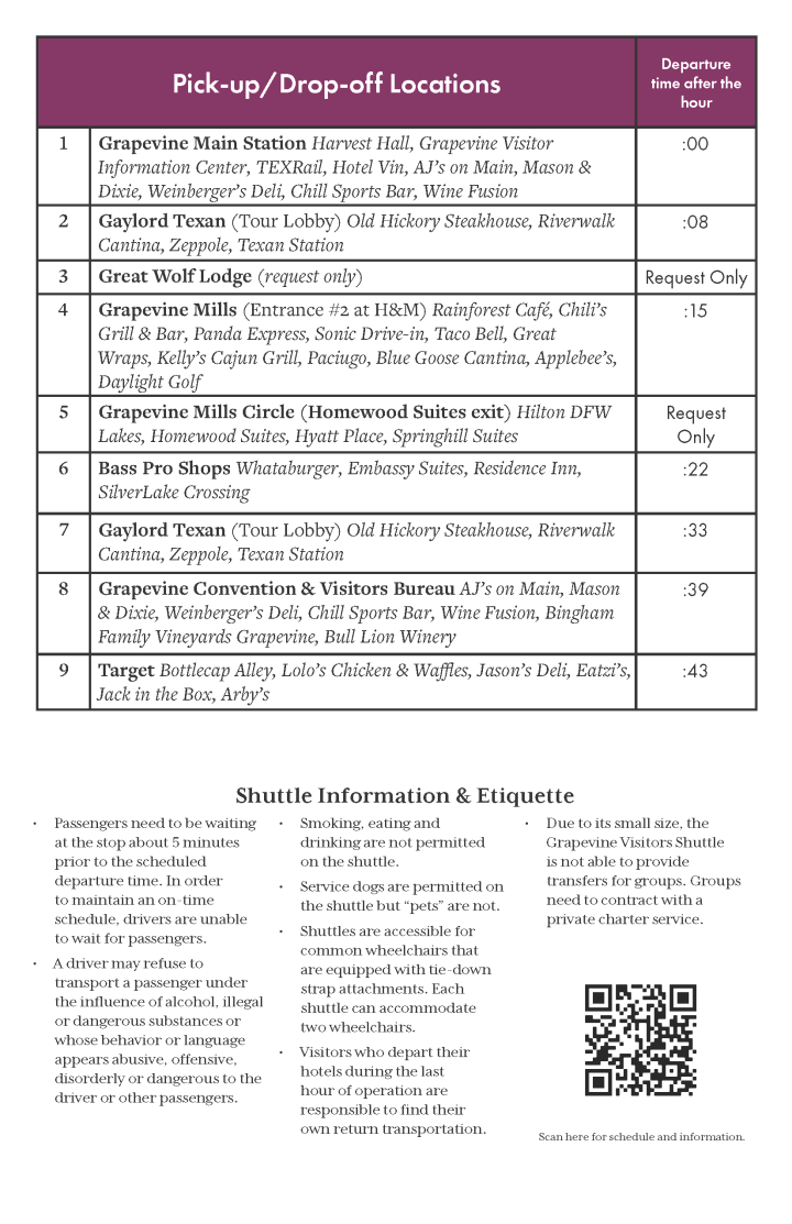 Grapevine Visitors Shuttle - Shuttle Pick Up/Drop Off