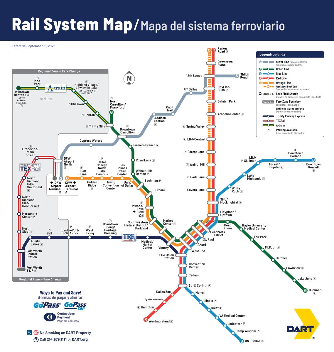 Map of the rail system in North Texas, including DART and TEXRail
