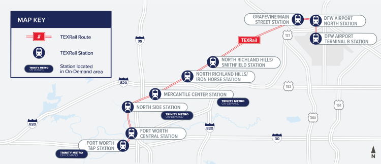 Map of Trinity Metro TEXRail stops