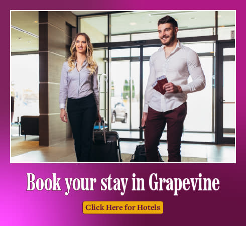 A graphic for people to book their stay in Grapevine, Texas