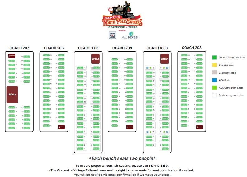 Seating chart for Grapevine Vintage Railroad's Santa's North Pole Express for 2025