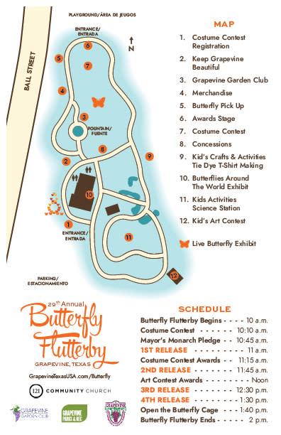 Complete map of Grapevine Botanical Gardens and 2026 Butterfly Flutterby including event schedule