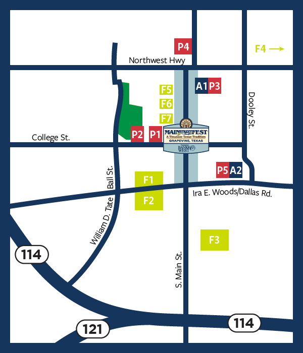 Map of parking options for Main Street Fest in Grapevine, Texas