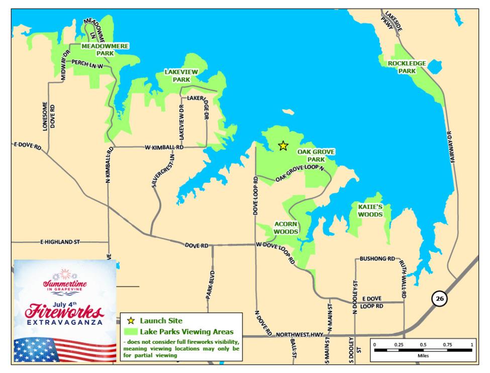 A map of best spots to watch the July 4th fireworks in Grapevine, Texas in 2025.