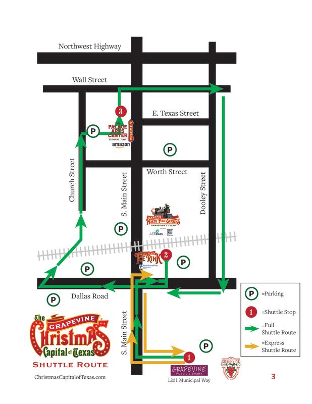 Map of the Grapevine Visitors Shuttle Map for Christmas Capital of Texas for 2025