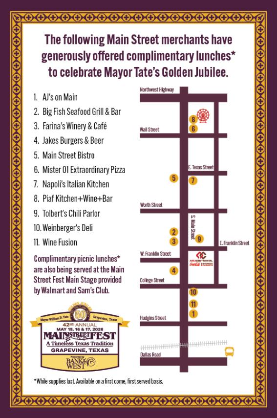 Map of merchants along Grapevine's Main Street who will be offering lunch boxes for the Golden Jubilee Community Picnic.