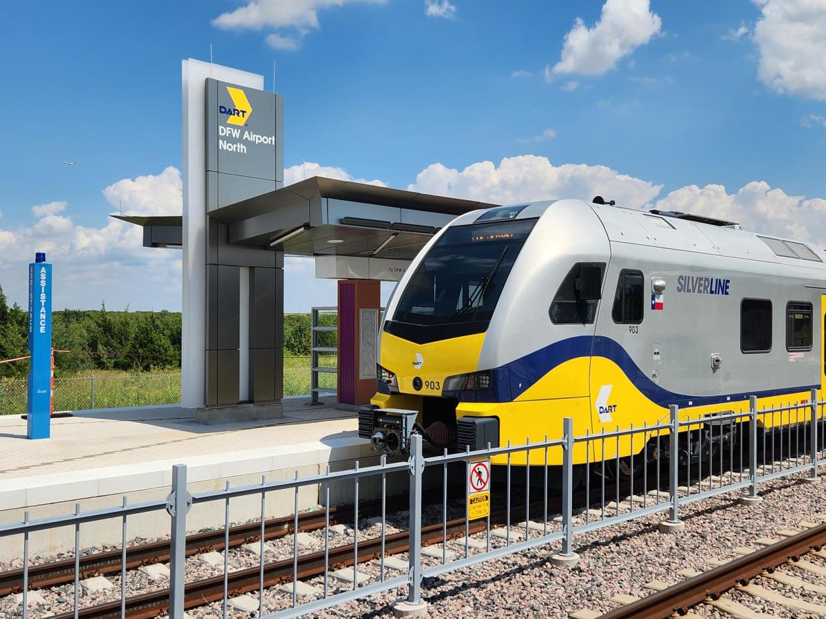 DART Silver Line stopping at DFW Airport North stop in Grapevine, Texas