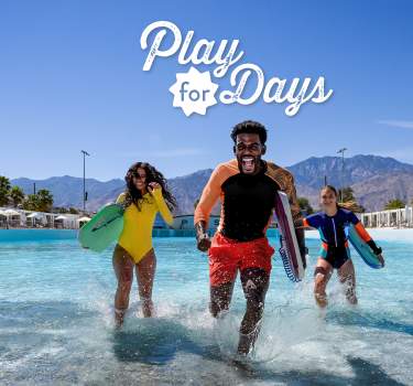 Image of three friends at Surf Club with mountains in background. Play for Days logo displayed
