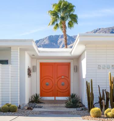 Modernism house with pretty palm tree background and orange door.