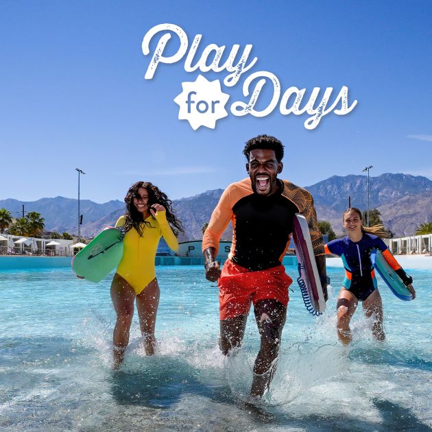 Image of three friends at Surf Club with mountains in background. Play for Days logo displayed