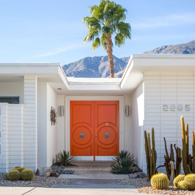 Modernism house with pretty palm tree background and orange door.