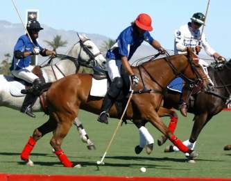 3 polo players riding horseback playing the game at Empire Polo Club.