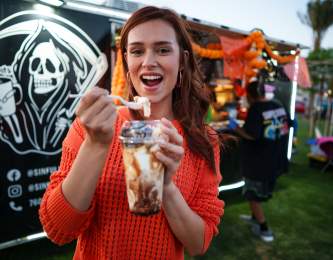 Dining at food trucks in Indio, CA.